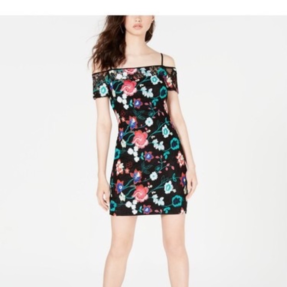 GUESS Womens Black Floral Lace Spaghetti Strap off-shoulder Mini Dress size 14 - Picture 1 of 14
